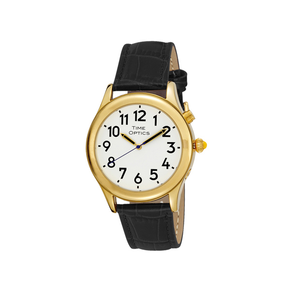 Men's Gold Tone Talking Watch White Face: Leather Band - Black - Click Image to Close